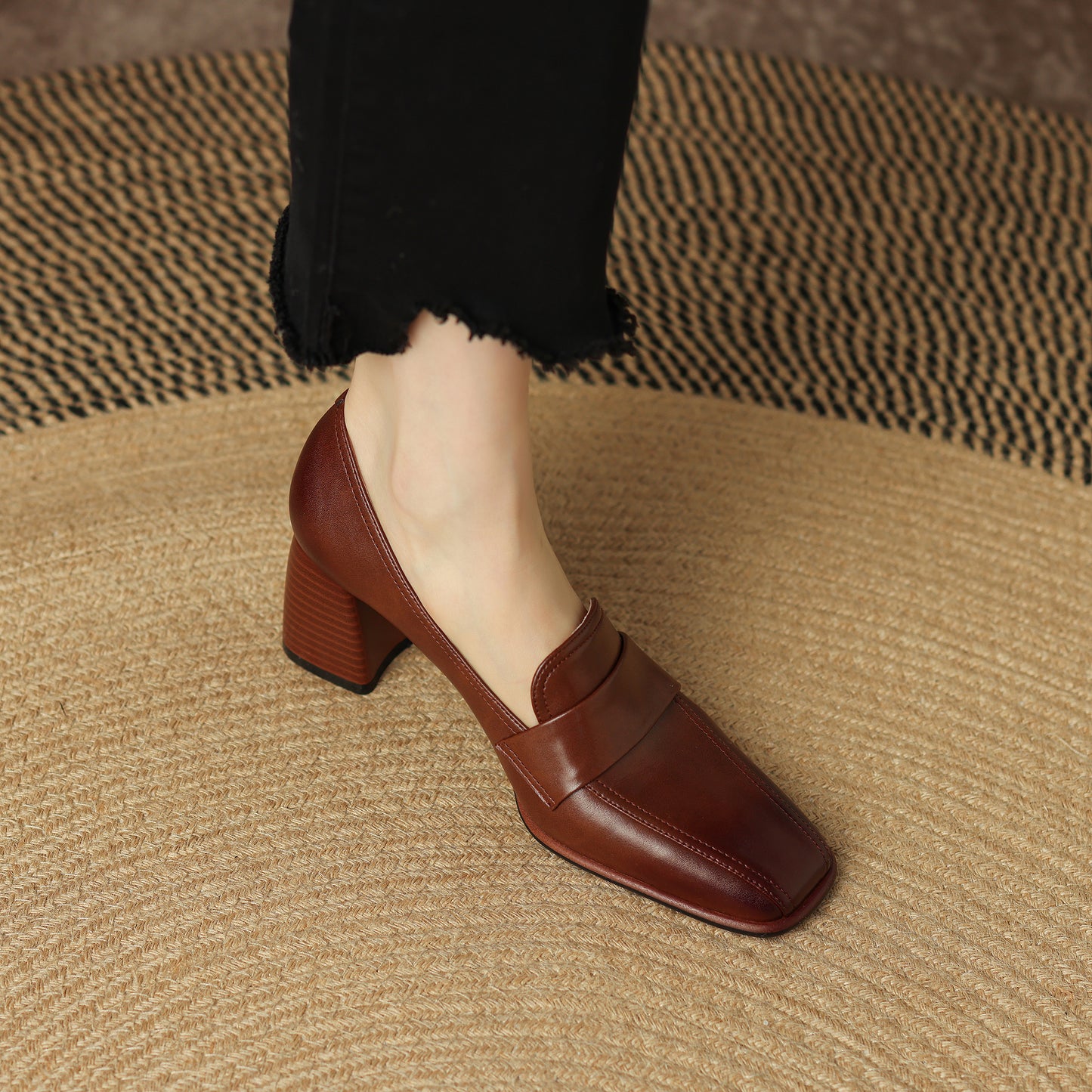Genuine Leather Handmade Block Heels Slip-on Dress Loafers Women's Shoes