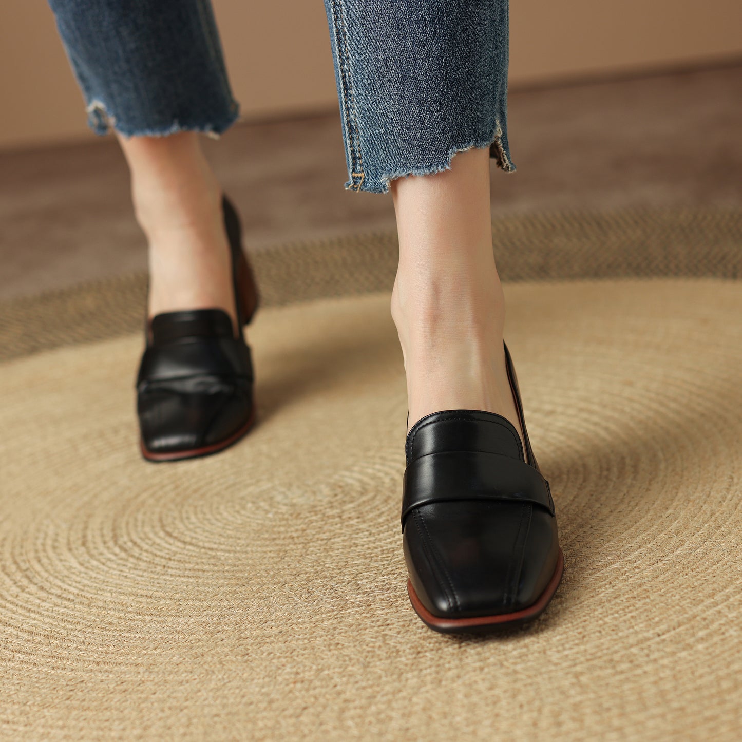 Genuine Leather Handmade Block Heels Slip-on Dress Loafers Women's Shoes