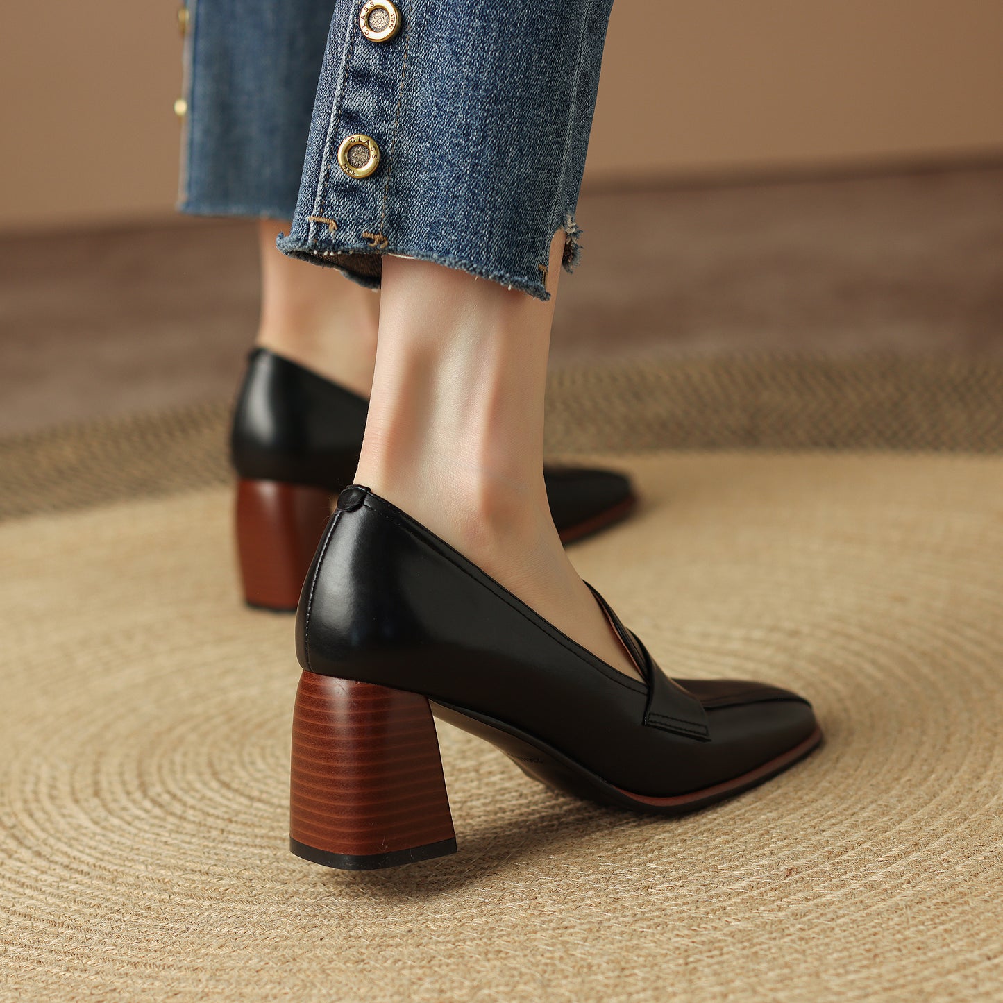 Genuine Leather Handmade Block Heels Slip-on Dress Loafers Women's Shoes