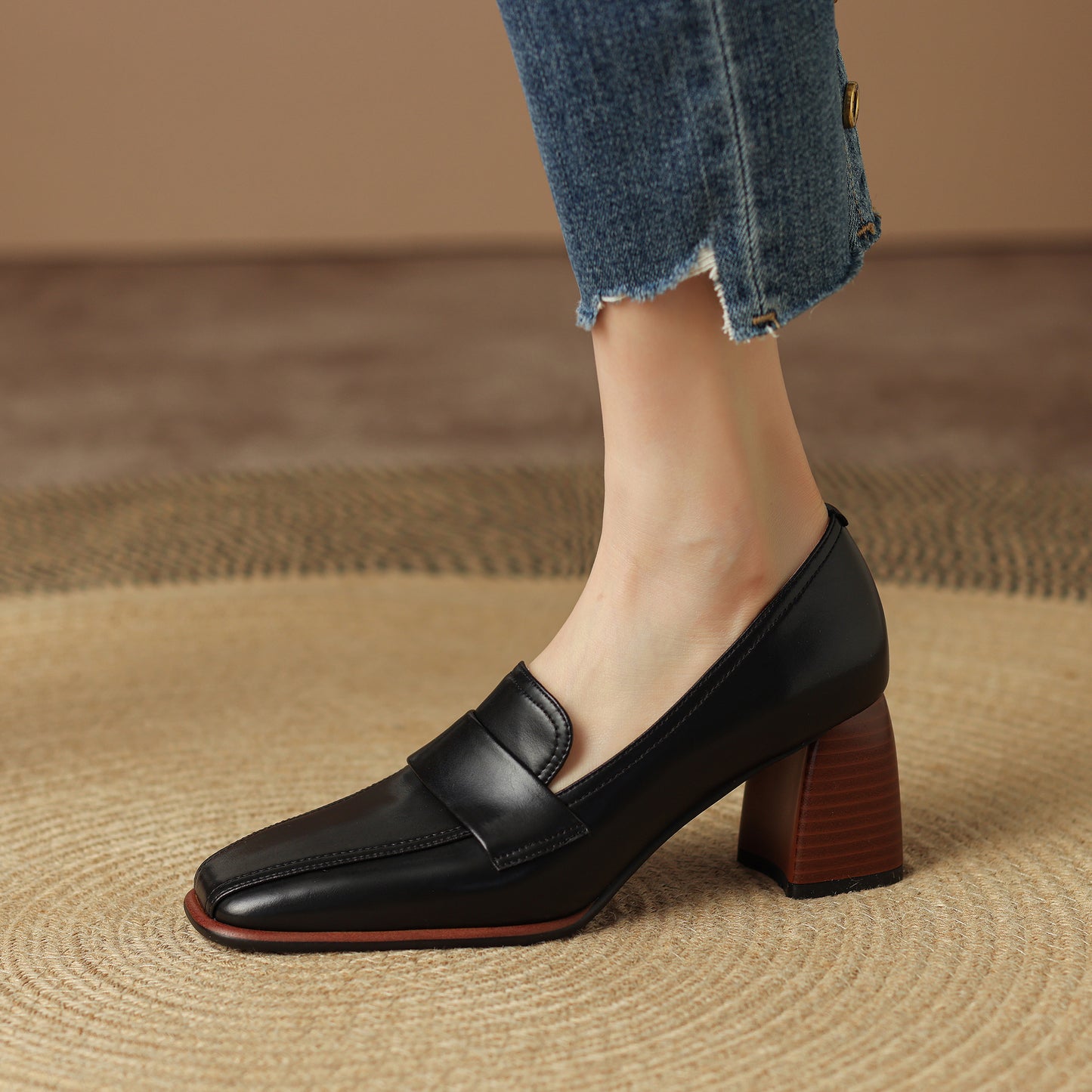 Genuine Leather Handmade Block Heels Slip-on Dress Loafers Women's Shoes