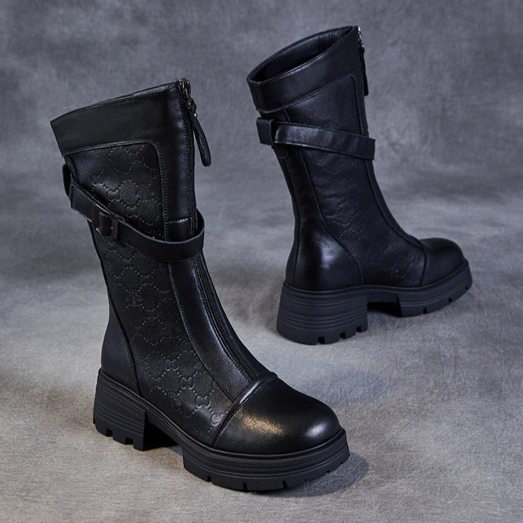 Women's Mid-Calf Embossed Genuine Leather Boots – Buckle Detail Chunky Heel Platform