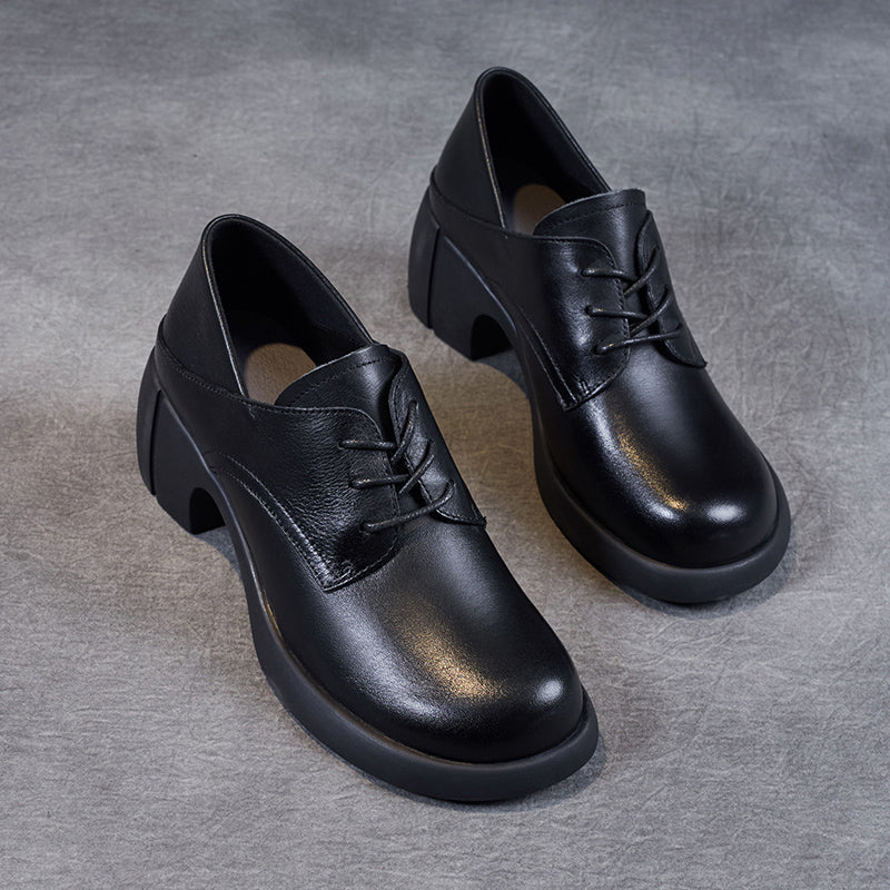 Women's Leather Retro Lace-up Block Heel Oxford Shoes