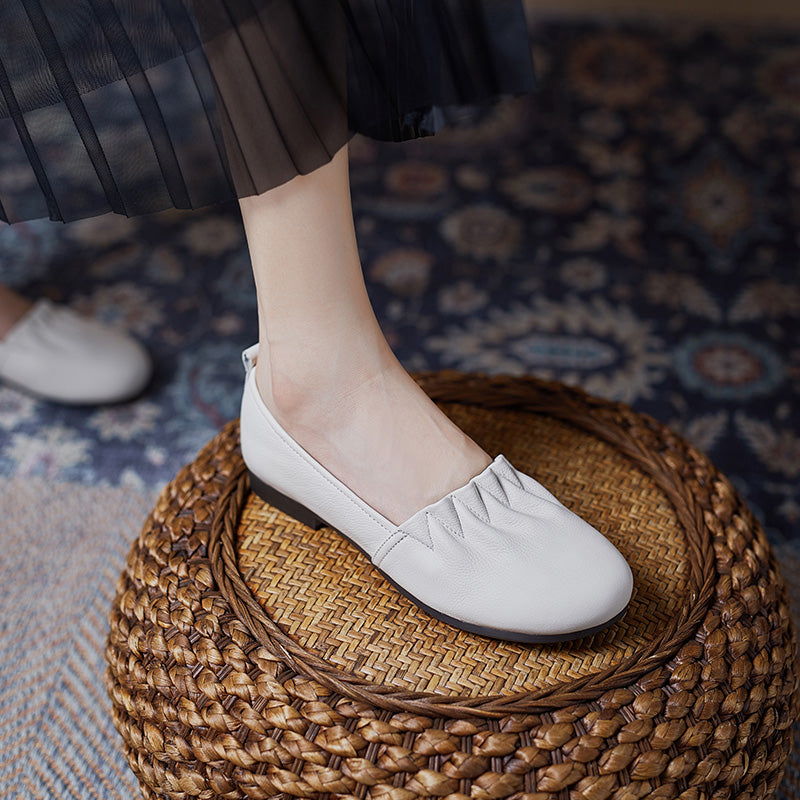Women's Soft Leather Pleated Daily Slip-On Walking Flats