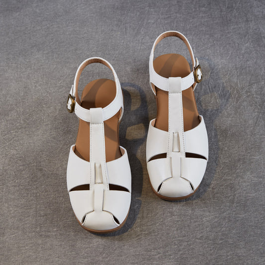 Women's Leather Summer Closed Toe T-Strap Comfort Sandals