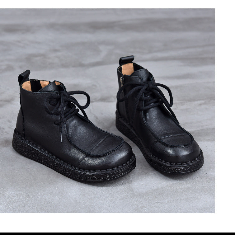 Women's Leather Flat Ankle Boots – Comfortable Casual Lace-Up Zipper Style