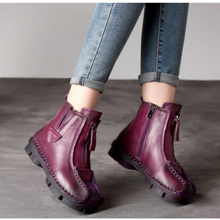 Women's Retro Leather Short Boots – Handmade Stitch Detail & Side Zipper
