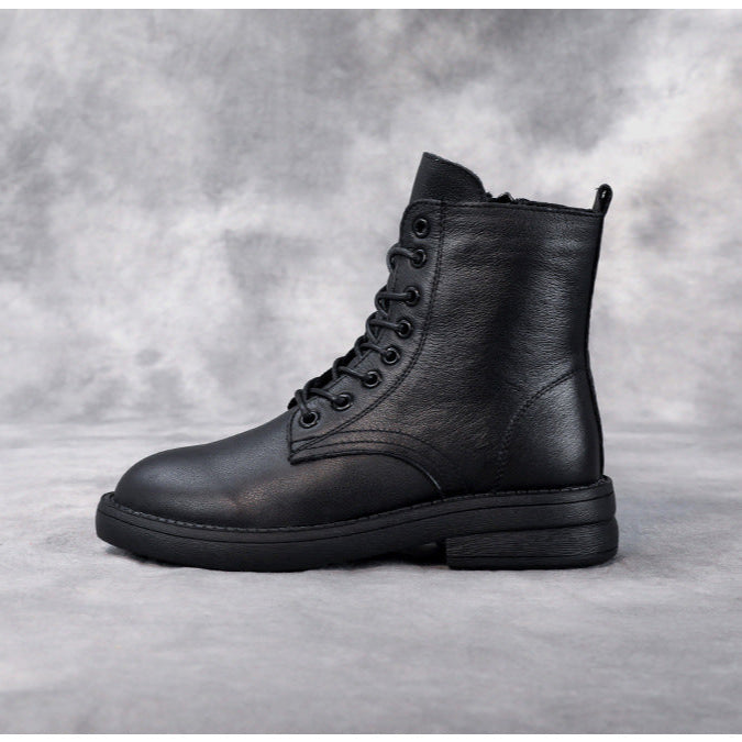 Women's Leather Casual Lace-Up Ankle Boots with Side Zipper Closure