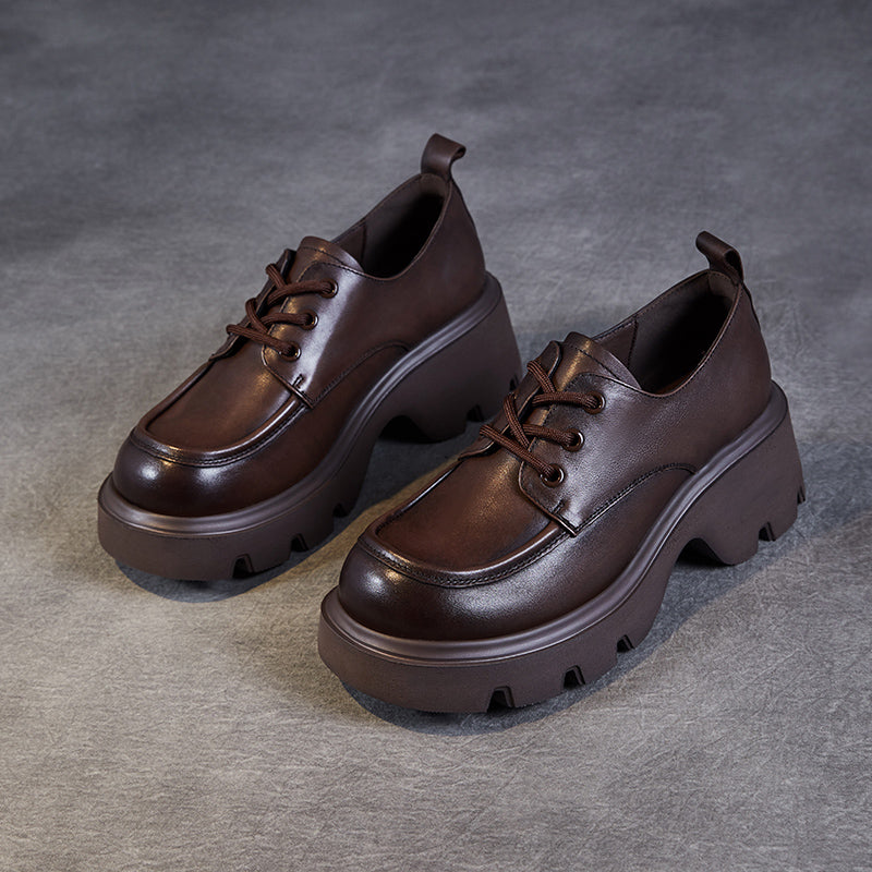Women's Leather Chunky Heel Lace-Up Oxfords