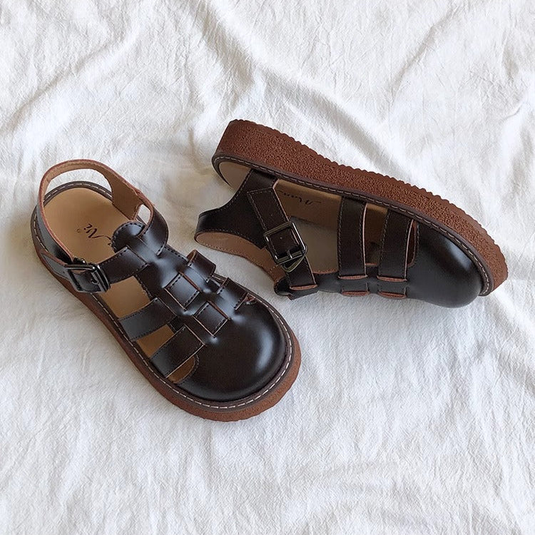 Women's Leather Closed Toe Round Sandals – Casual Summer Comfort Shoes