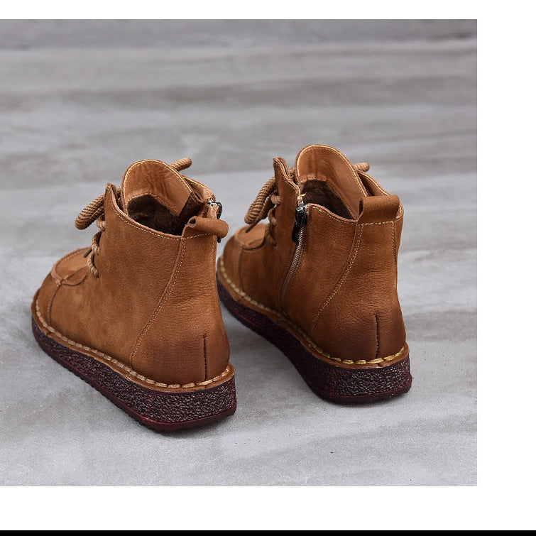 Women's Vintage Leather Ankle Boots – Soft Flat Lace-Up Zipper Short Shoes