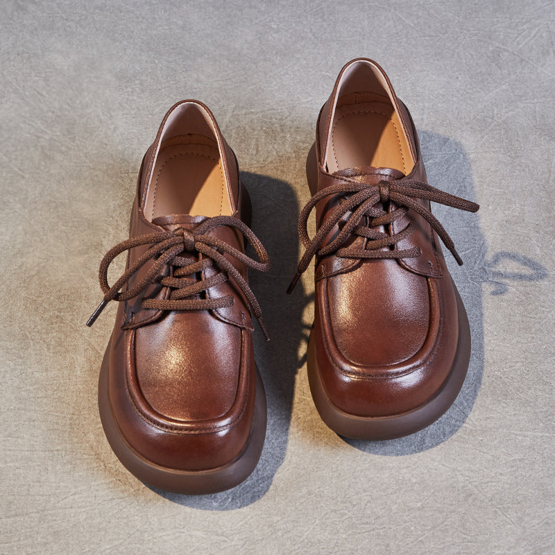 Women's Leather Comfortable Casual Chunky Heel Lace-Up Shoes