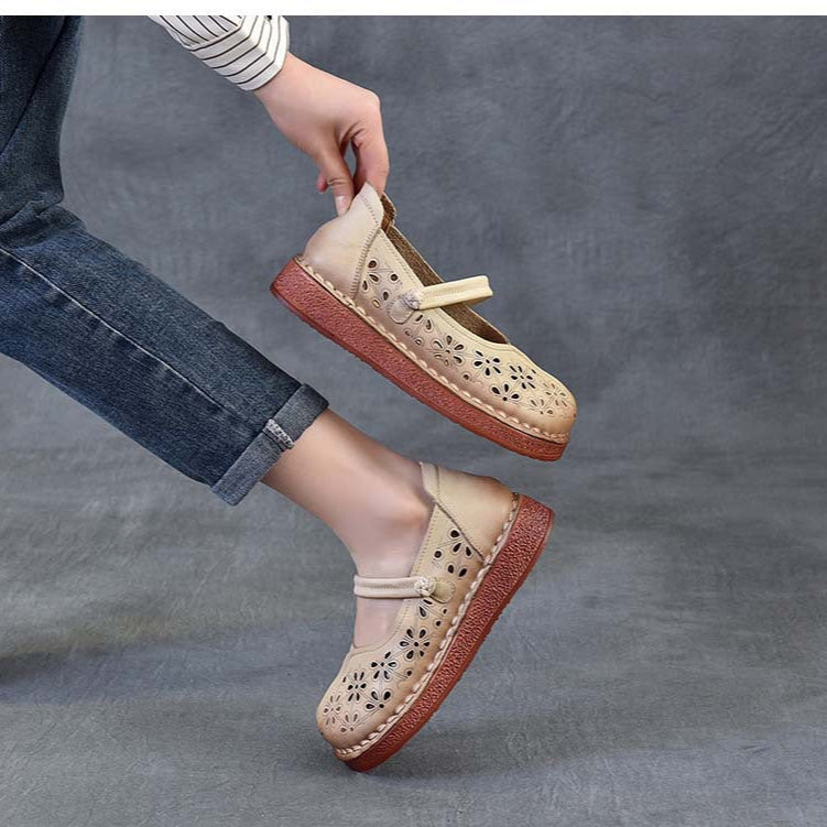 Women's Leather Floral Cutout Sandals – Breathable Summer Style