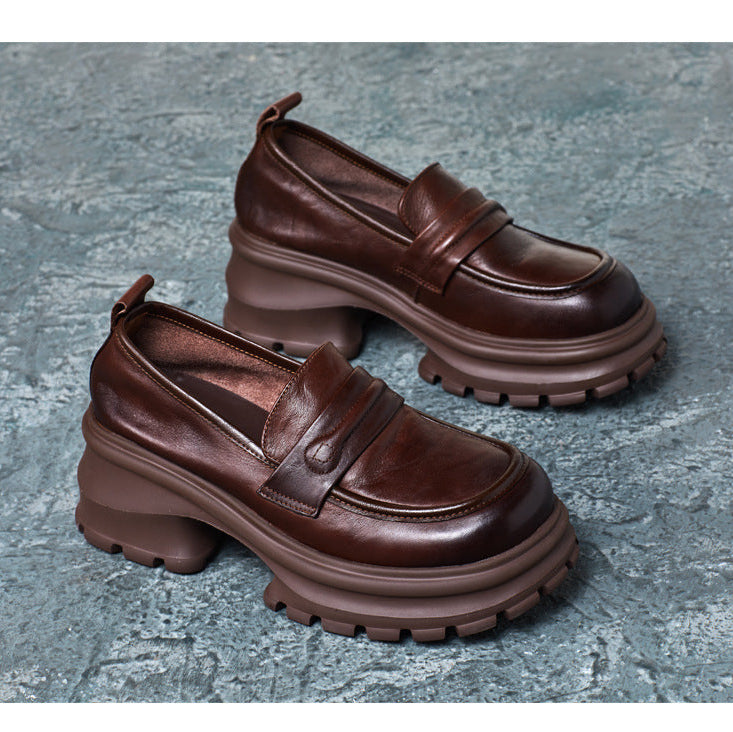 Womens Genuine Leather Heeled Platform Casual Loafers