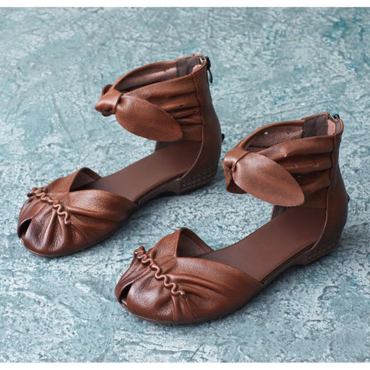 Womens Genuine Leather Handmade Summer Bow Ankle Zipper Sandals