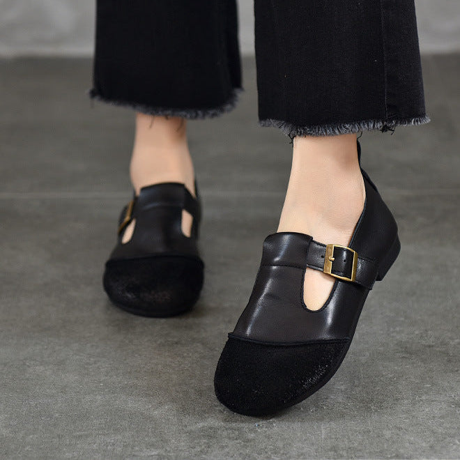 Vintage Handmade Leather Round Toe T Buckle Mary Jane Women's Shoes
