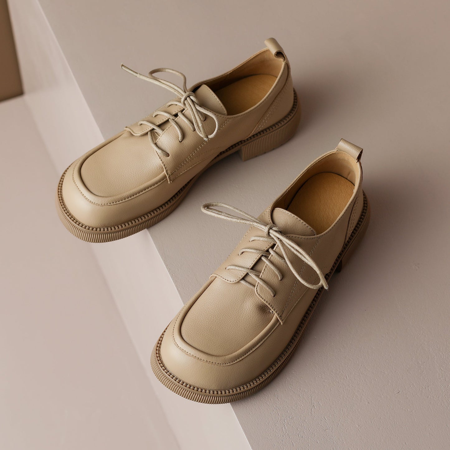 Handcrafted Women's Square-Toe Leather Lace-Up Low Heel – Casual Style