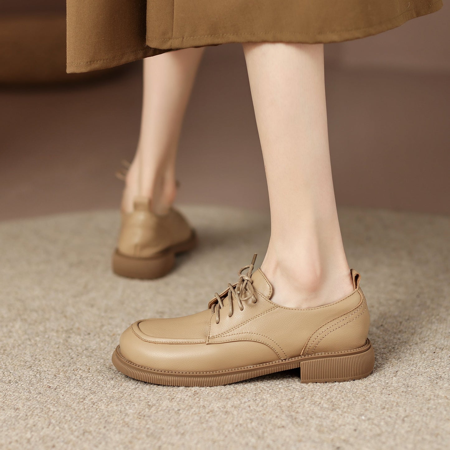Handcrafted Women's Square-Toe Leather Lace-Up Low Heel – Casual Style