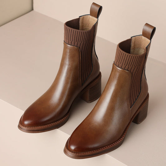 Women's Genuine Leather Stretch Knit Patchwork Slip-On Block Ankle Boots