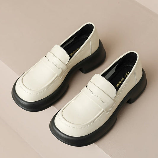 Womens All-day Comfort Platform Leather Round Toe Block Heels Loafers