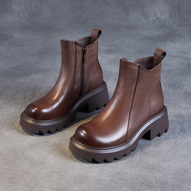 Women's Leather Ankle Boots – Platform Chunky Mid Heel with Side Zipper