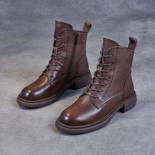 Women's Leather Vintage Zipper Lace Up Block Heel Ankle Boots