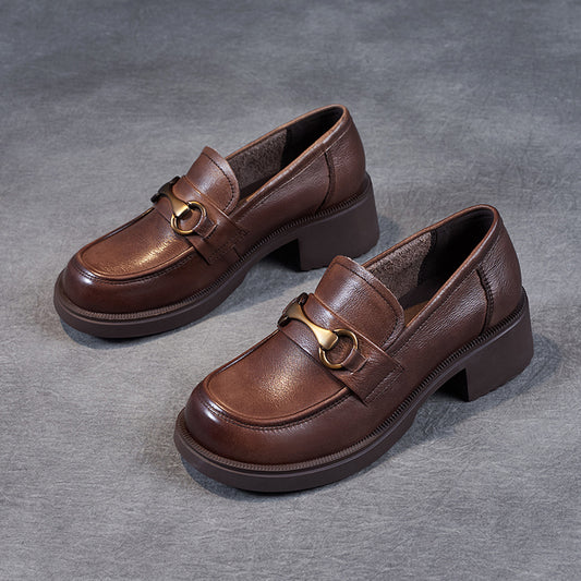 Women's Leather Metal Low Heel Block Heeled Loafers