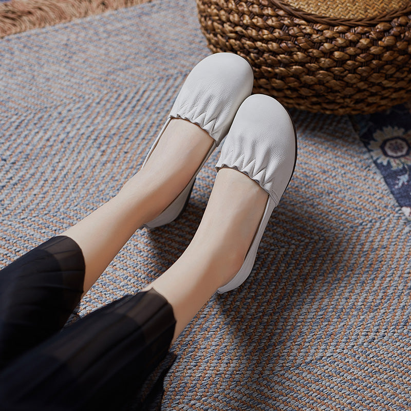 Women's Soft Leather Pleated Daily Slip-On Walking Flats