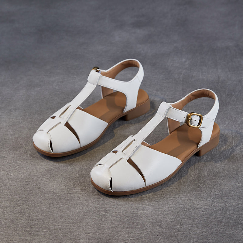 Women's Leather Summer Closed Toe T-Strap Comfort Sandals
