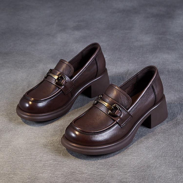 Women's Genuine Leather Loafers – Mid Heel Slip-On Shoes with Metal Accent