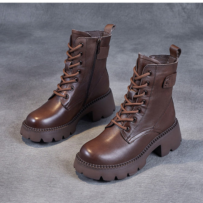 Women's Genuine Leather Combat Boots – Platform Chunky Heel with Side Zipper