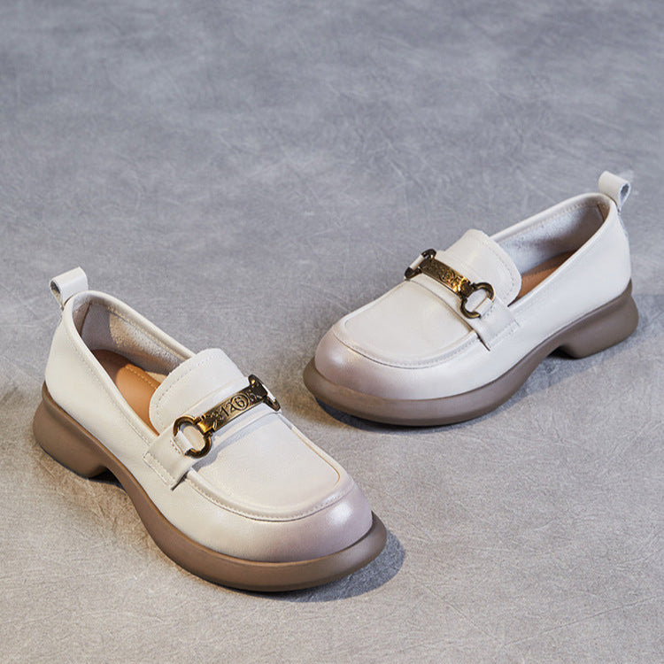 Women's Retro Soft Genuine Leather Loafers – Comfortable Chain Detail