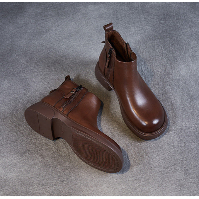 Women's Genuine Leather Casual Ankle Boots – Comfortable Double Zipper Design