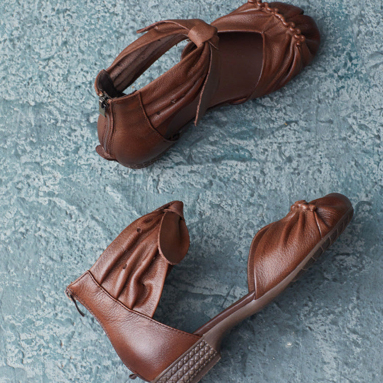 Womens Genuine Leather Handmade Summer Bow Ankle Zipper Sandals