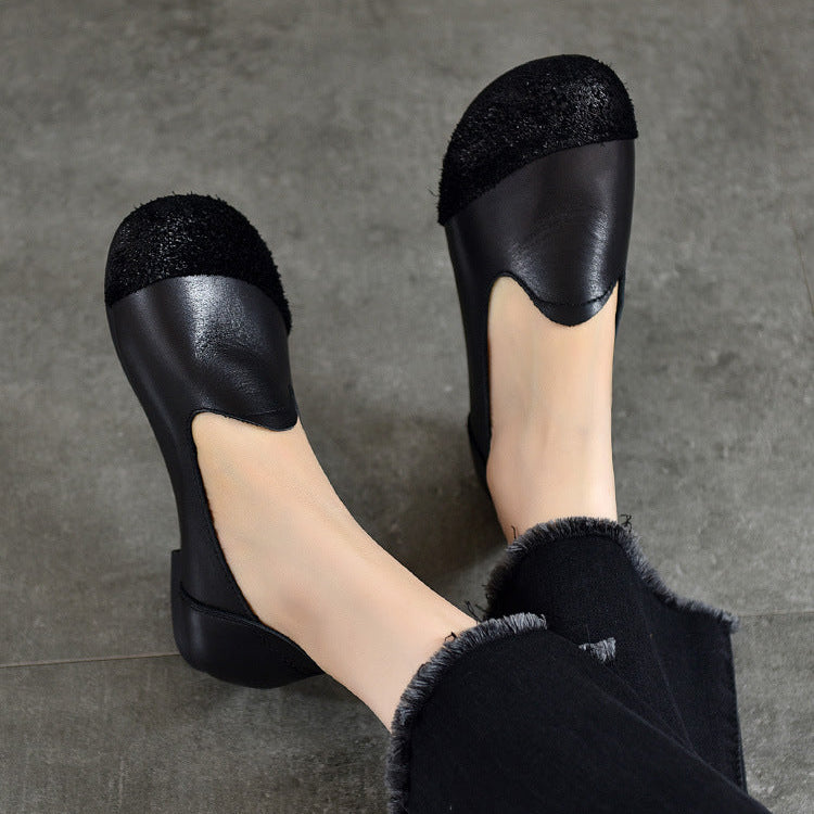 Handmade Leather Vintage Round Toe Patchwork Ballet Flat Shoes Women's Shoes