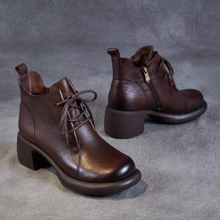 Women's Casual Lace-Up Ankle Boots – Round Toe Block Heel with Side Zipper