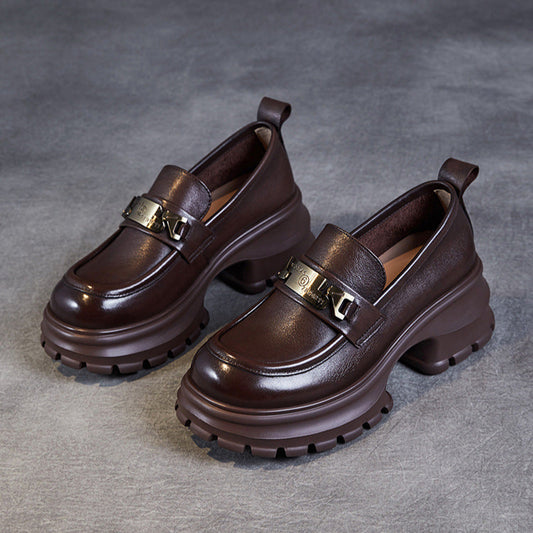 Women's Genuine Leather Platform Loafers - Chunky Heel with Metallic Hardware Details