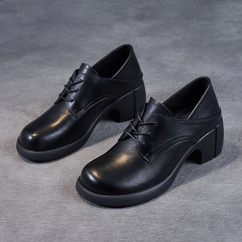 Women's Leather Retro Lace-up Block Heel Oxford Shoes
