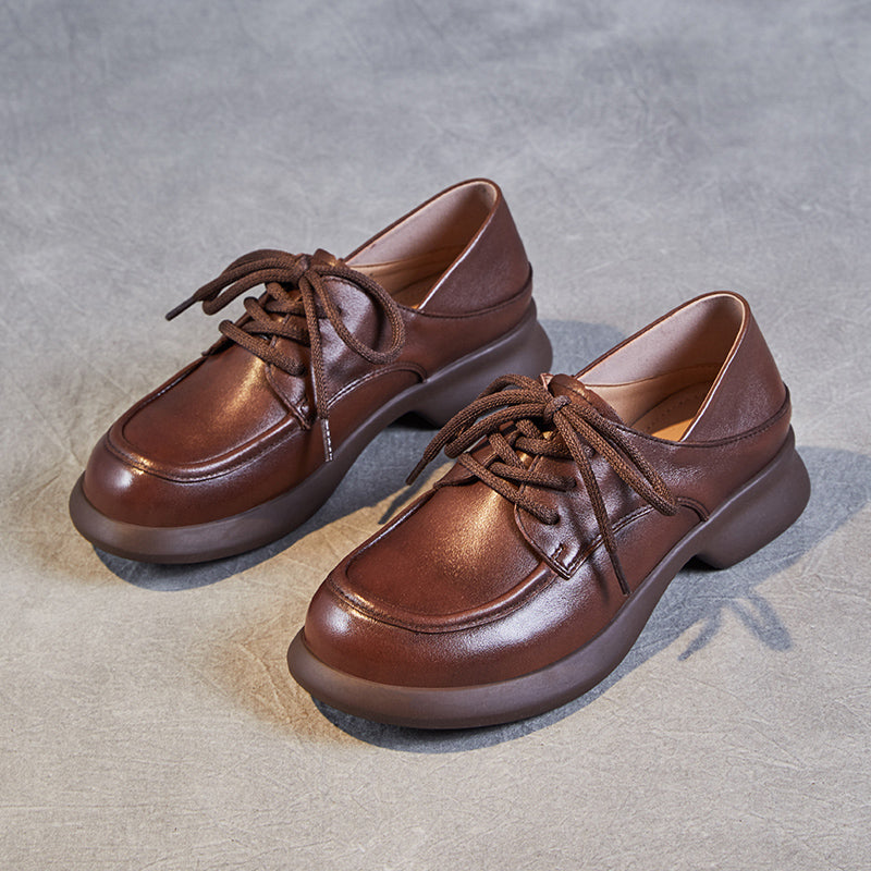 Women's Leather Comfortable Casual Chunky Heel Lace-Up Shoes