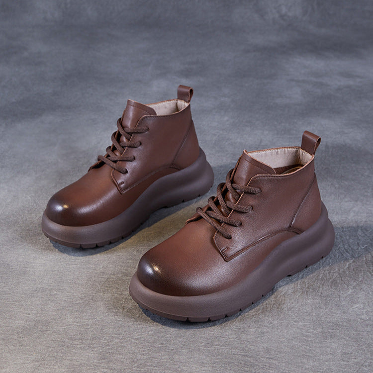 Women's Leather Lace-Up Platform High-Top Shoes – Casual & Comfortable