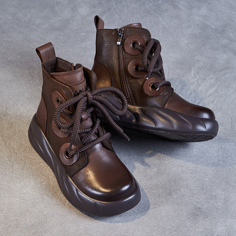 Women's Genuine Leather Lace-Up Ankle Boots – Casual Platform Chunky Sole