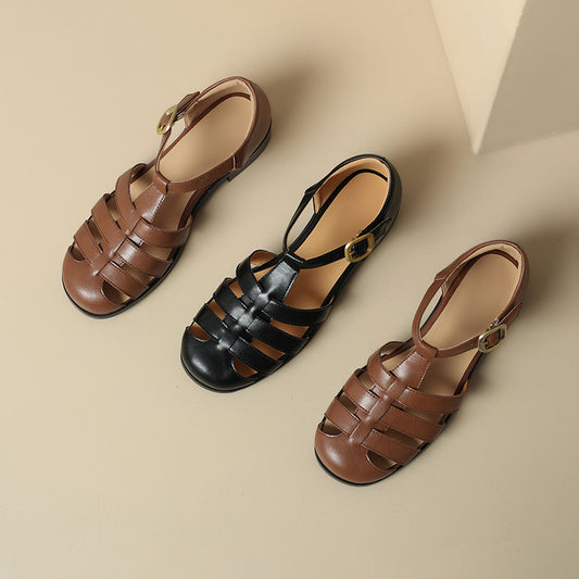 Women's Handmade Leather Round Toe Closed Toe Casual Fisherman Sandals