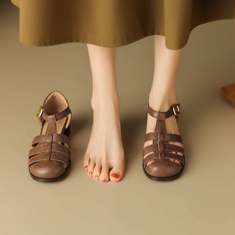 Women's Handmade Leather Round Toe Closed Toe Casual Fisherman Sandals