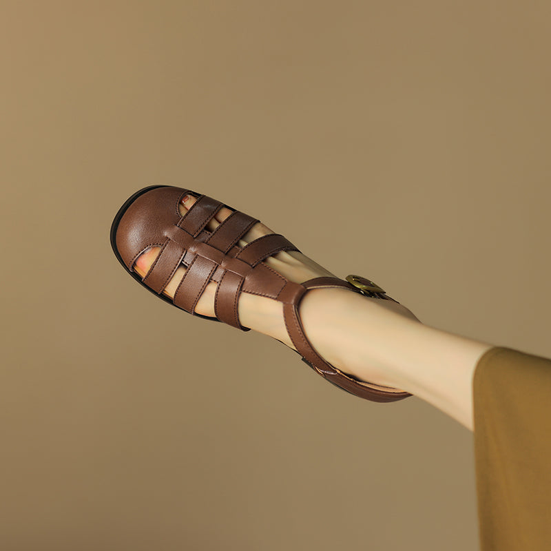 Women's Handmade Leather Round Toe Closed Toe Casual Fisherman Sandals