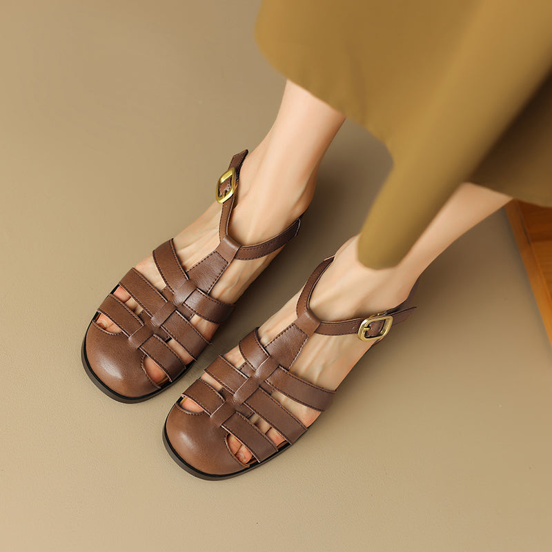 Women's Handmade Leather Round Toe Closed Toe Casual Fisherman Sandals