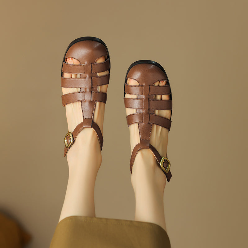 Women's Handmade Leather Round Toe Closed Toe Casual Fisherman Sandals