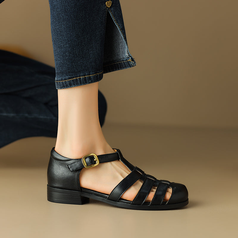 Women's Handmade Leather Round Toe Closed Toe Casual Fisherman Sandals