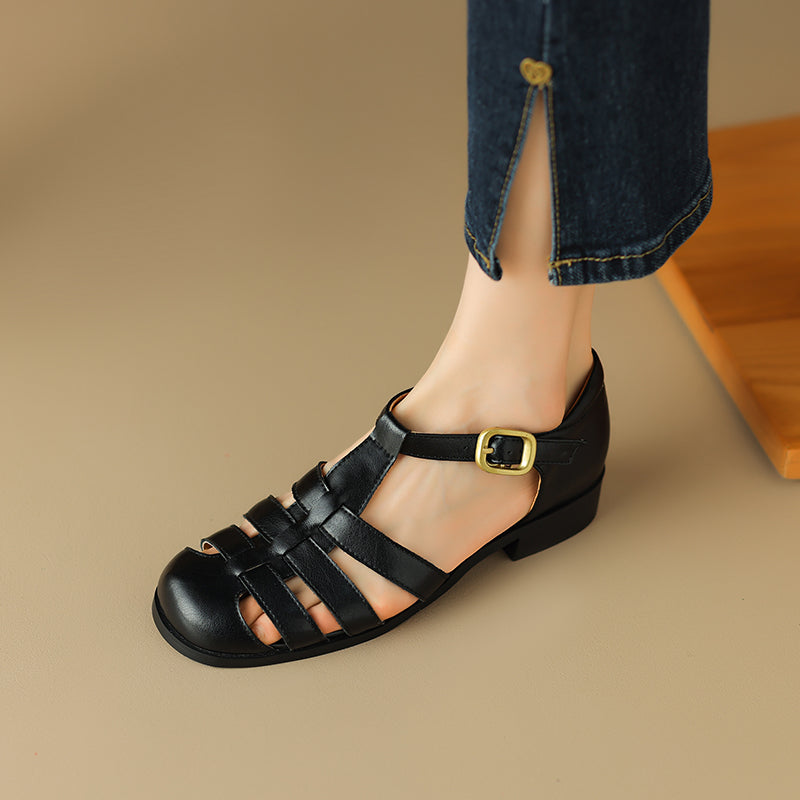 Women's Handmade Leather Round Toe Closed Toe Casual Fisherman Sandals