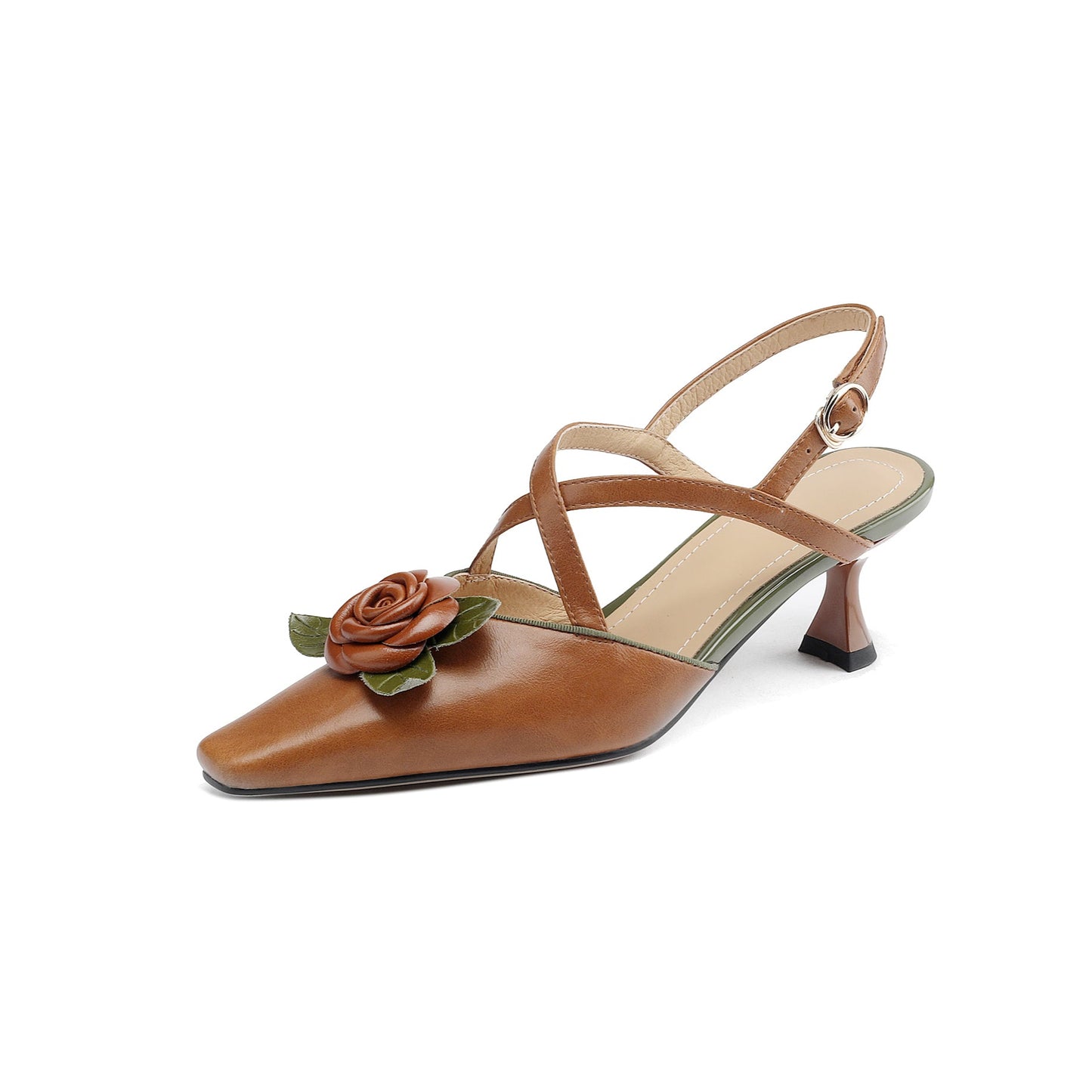 Women's Handmade Leather Elegant Stereoscopic Flower Cross Strap Mid Heel Sandals