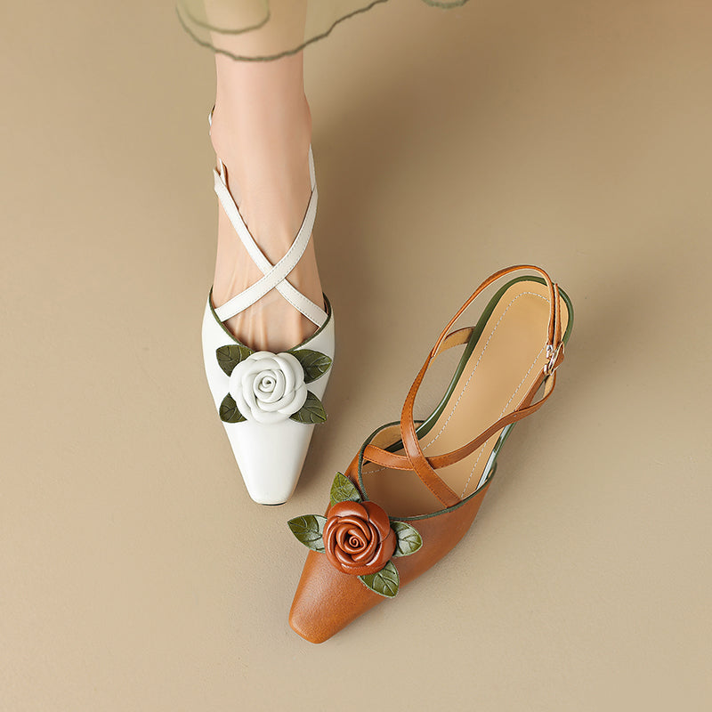 Women's Handmade Leather Elegant Stereoscopic Flower Cross Strap Mid Heel Sandals
