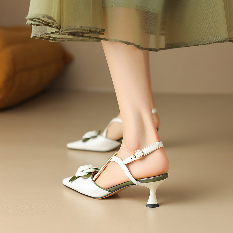 Women's Handmade Leather Elegant Stereoscopic Flower Cross Strap Mid Heel Sandals